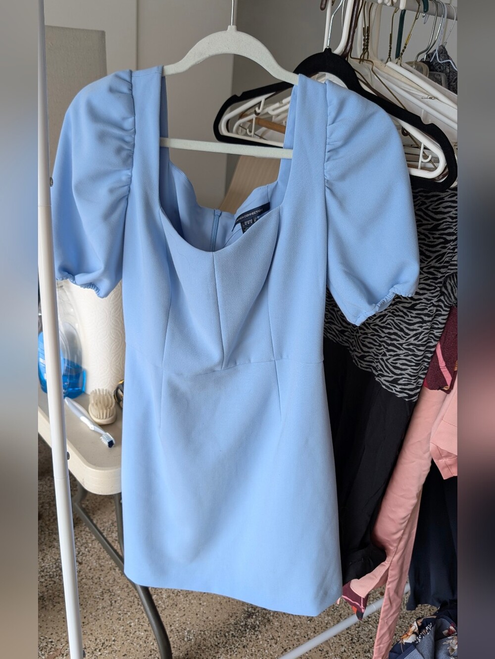 French Connection Sky Blue Mini Dress with Puff Sleeves